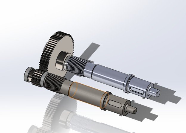 SolidWorks render of the gear and pinion assembly: Boston Gear YF70 gear, YF20 pinion, and custom shafts