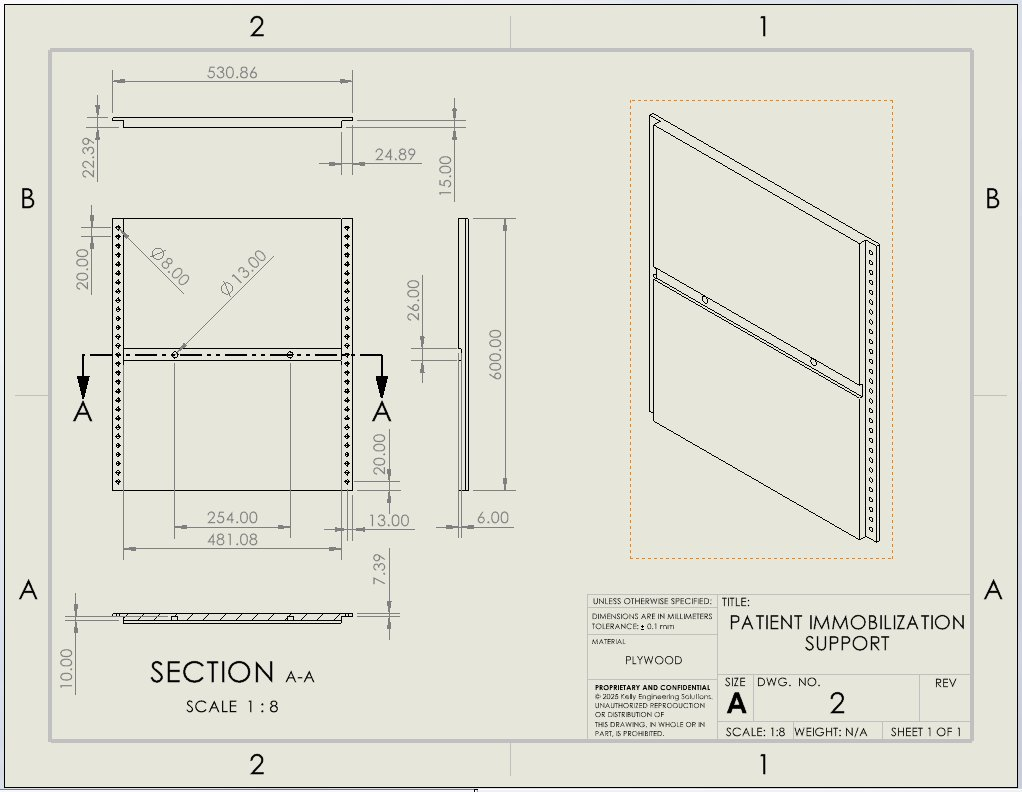 Dimensioned engineering drawing of the patient immobilization support table with section view