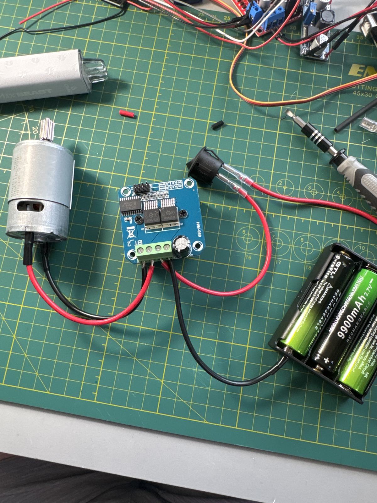Bench test of the DC drive motor wired through a BTS7960 motor driver and Li-ion pack